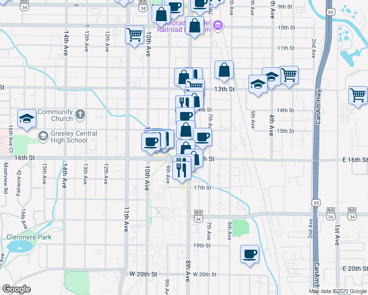 map of restaurants, bars, coffee shops, grocery stores, and more near 1535 U.S. 85 Business in Greeley