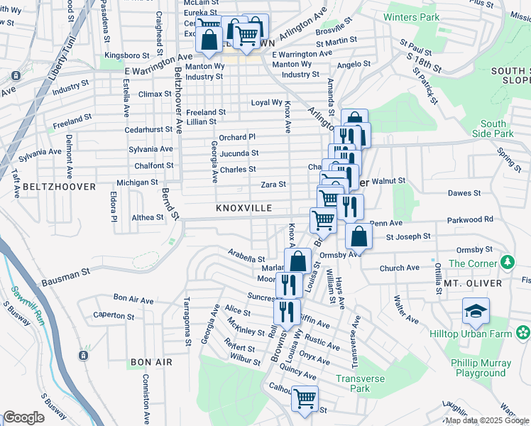 map of restaurants, bars, coffee shops, grocery stores, and more near 259 Bausman St in Pittsburgh