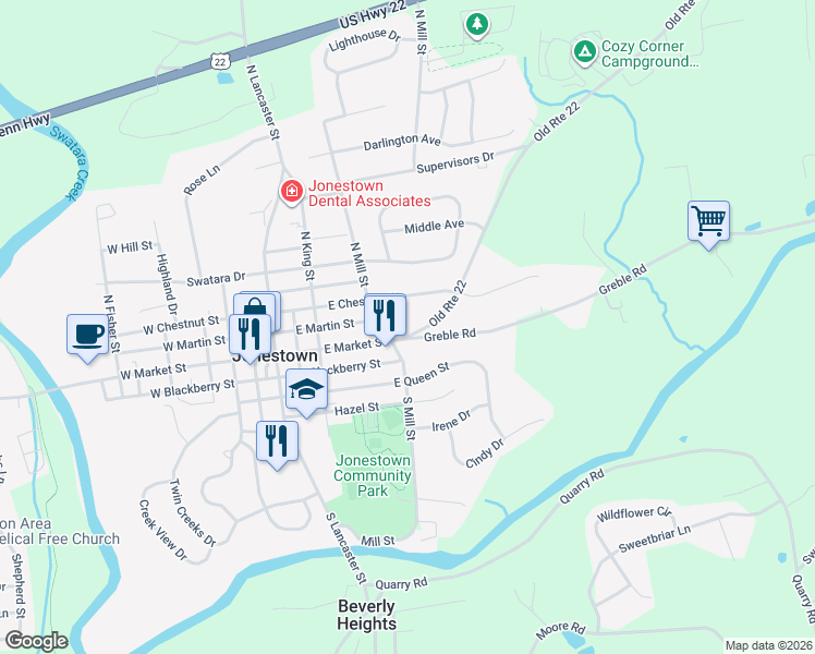 map of restaurants, bars, coffee shops, grocery stores, and more near 3 Old Route 22 in Jonestown