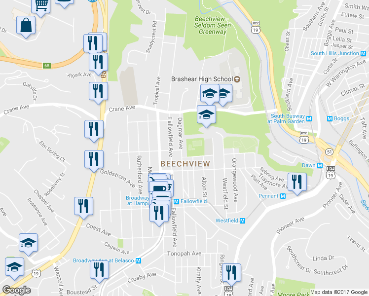 map of restaurants, bars, coffee shops, grocery stores, and more near 1251 Dagmar Avenue in Pittsburgh