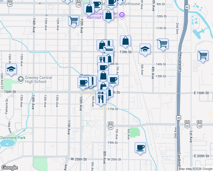 map of restaurants, bars, coffee shops, grocery stores, and more near 1540 8th Avenue in Greeley