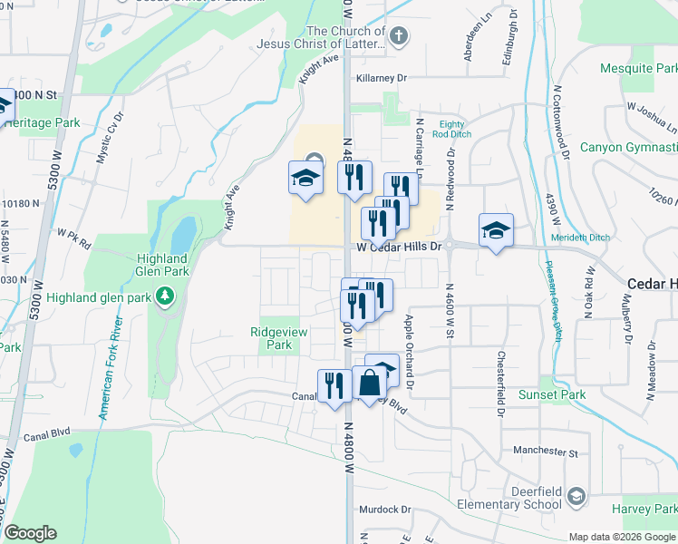 map of restaurants, bars, coffee shops, grocery stores, and more near 4814 Washoe Ct in Highland