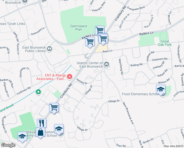 map of restaurants, bars, coffee shops, grocery stores, and more near 32 Covington Court in East Brunswick