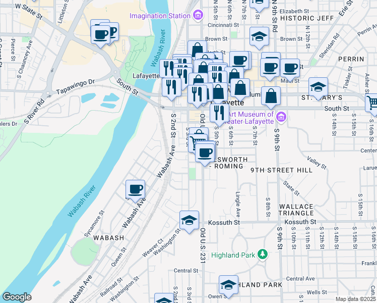 map of restaurants, bars, coffee shops, grocery stores, and more near 159 South 3rd Street in Lafayette