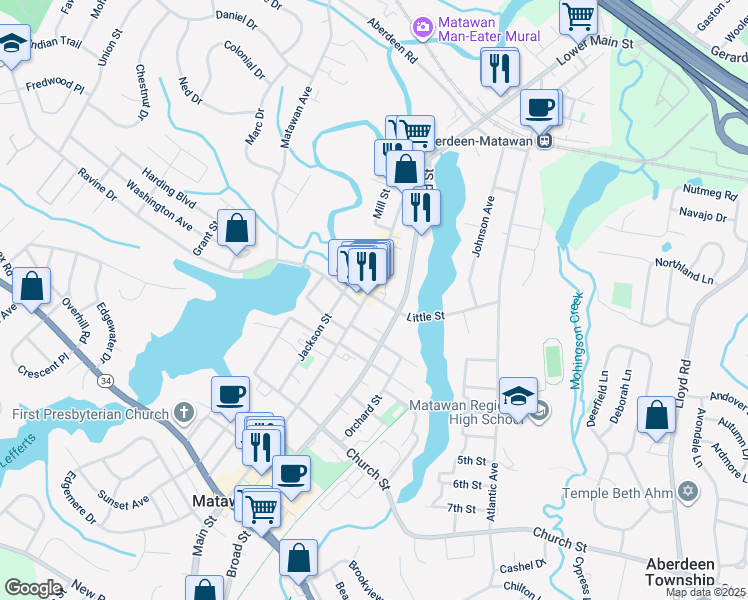 map of restaurants, bars, coffee shops, grocery stores, and more near in Matawan