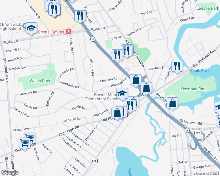 map of restaurants, bars, coffee shops, grocery stores, and more near 26 Hillsdale Road in East Brunswick