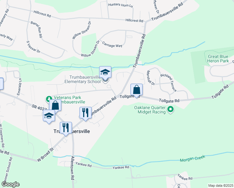 map of restaurants, bars, coffee shops, grocery stores, and more near 1 Evergreen Drive in Quakertown