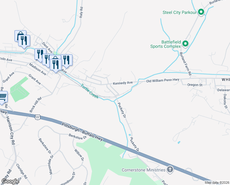 map of restaurants, bars, coffee shops, grocery stores, and more near 2647 Puckety Dr in Export