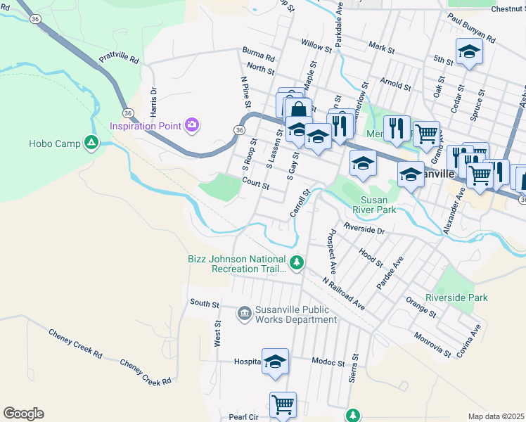 map of restaurants, bars, coffee shops, grocery stores, and more near 470 Carroll Street in Susanville