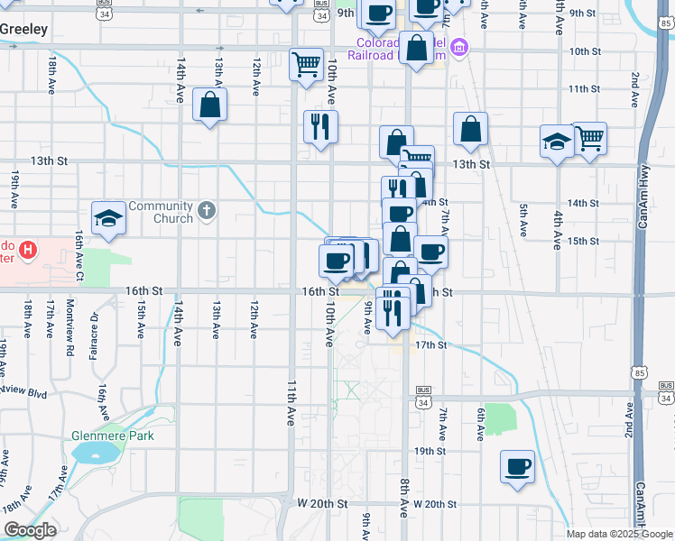 map of restaurants, bars, coffee shops, grocery stores, and more near 1540 10th Avenue in Greeley