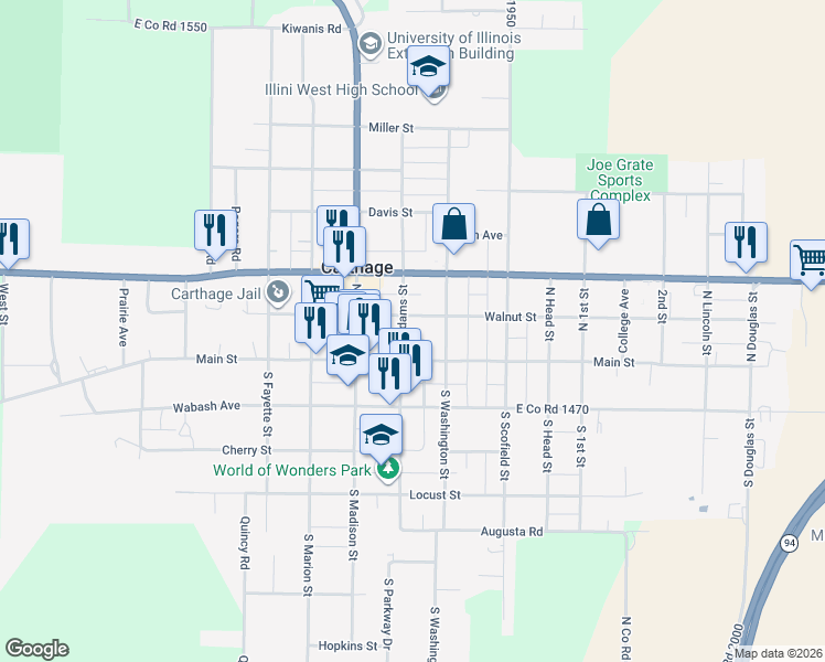 map of restaurants, bars, coffee shops, grocery stores, and more near 52-98 North Adams Street in Carthage
