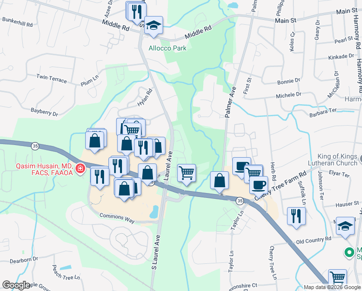 map of restaurants, bars, coffee shops, grocery stores, and more near 111 Persimmon Lane in Holmdel
