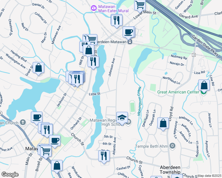 map of restaurants, bars, coffee shops, grocery stores, and more near 51 Little Street in Matawan