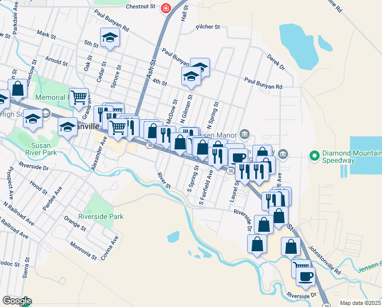 map of restaurants, bars, coffee shops, grocery stores, and more near 2101 Main Street in Susanville