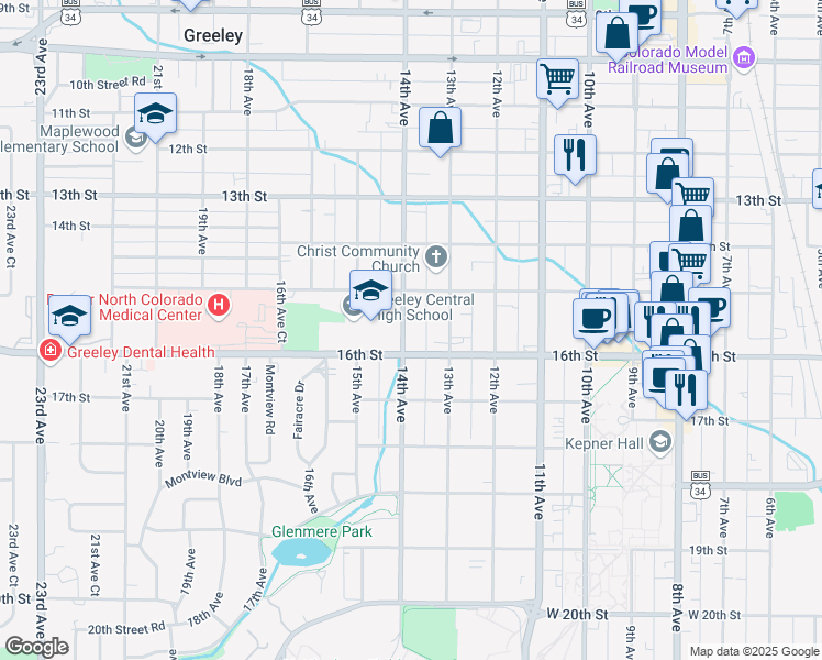 map of restaurants, bars, coffee shops, grocery stores, and more near 1528 14th Avenue in Greeley
