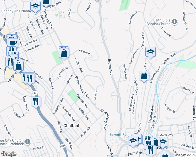 map of restaurants, bars, coffee shops, grocery stores, and more near 207 Ridge Street in East Pittsburgh