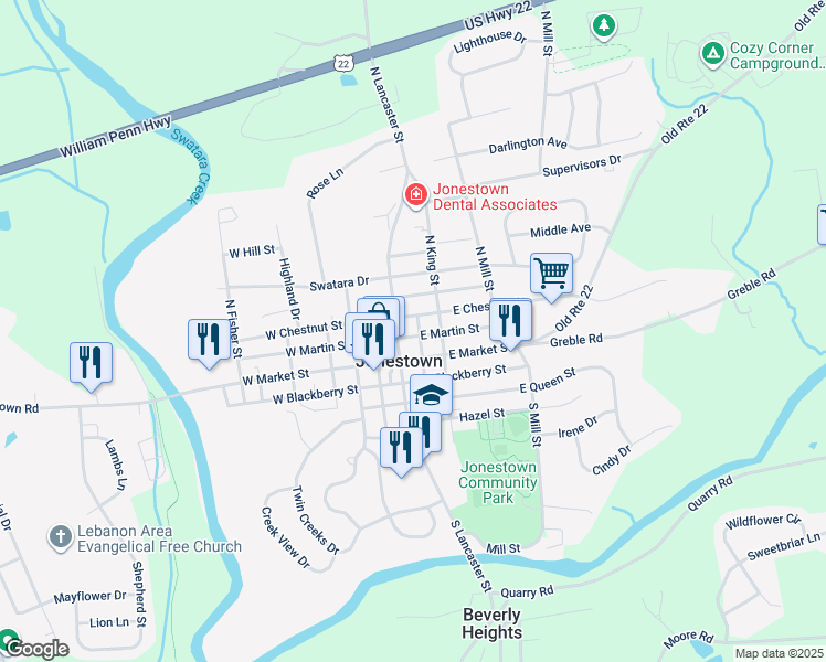 map of restaurants, bars, coffee shops, grocery stores, and more near 21 East Martin Street in Jonestown
