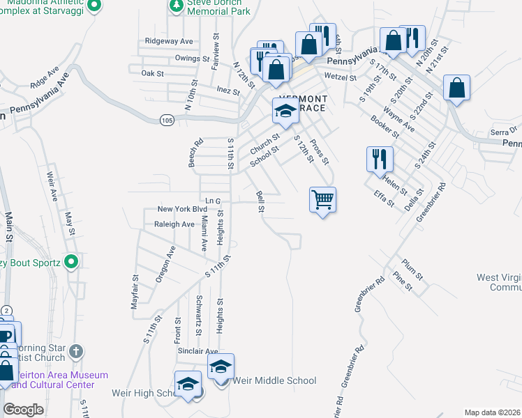 map of restaurants, bars, coffee shops, grocery stores, and more near 159-187 Bell St in Weirton