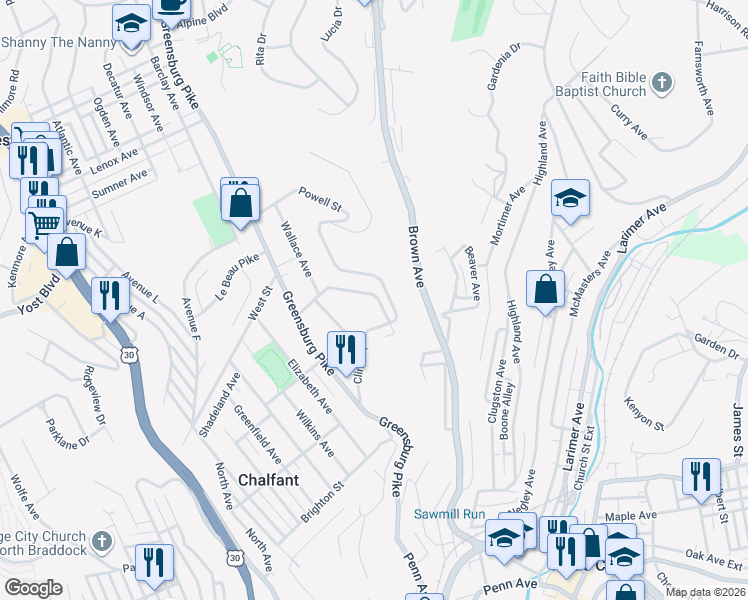 map of restaurants, bars, coffee shops, grocery stores, and more near 207 Ridge Street in East Pittsburgh