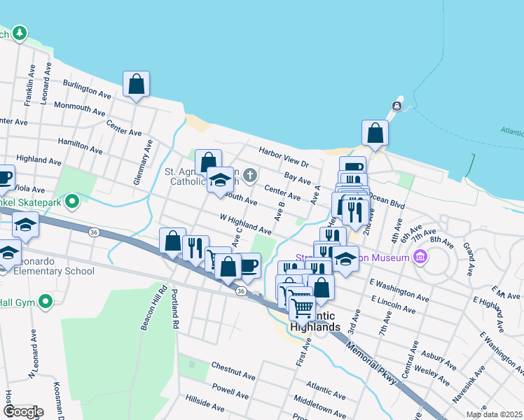 map of restaurants, bars, coffee shops, grocery stores, and more near 29 South Avenue in Atlantic Highlands