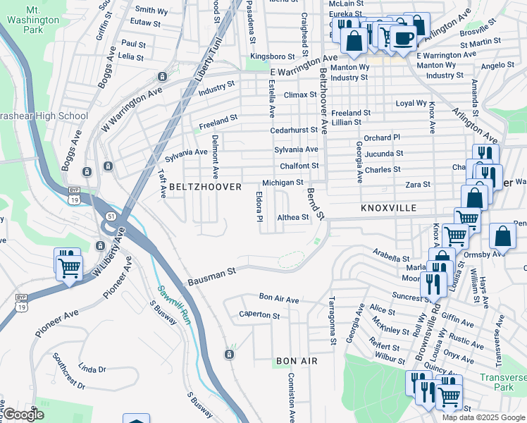 map of restaurants, bars, coffee shops, grocery stores, and more near 845 Eldora Place in Pittsburgh