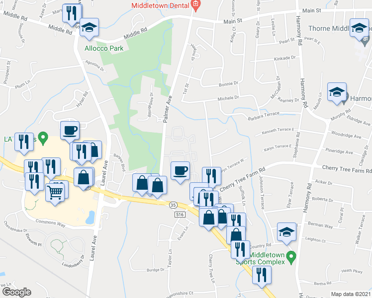 map of restaurants, bars, coffee shops, grocery stores, and more near 443 Middlewood Road in Middletown