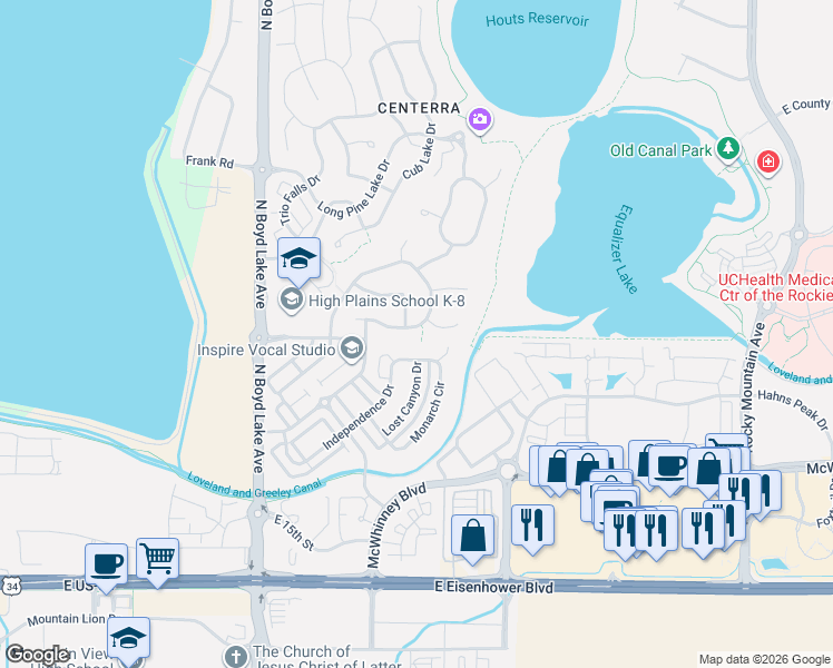 map of restaurants, bars, coffee shops, grocery stores, and more near 4310 Lyric Falls Court in Loveland