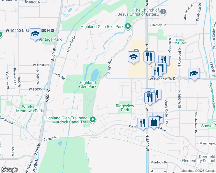 map of restaurants, bars, coffee shops, grocery stores, and more near 5056 West Green Ash Lane in Highland