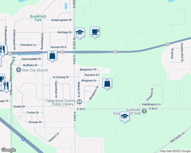 map of restaurants, bars, coffee shops, grocery stores, and more near 5647 Dunston Drive in Lafayette
