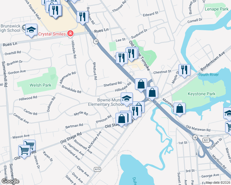 map of restaurants, bars, coffee shops, grocery stores, and more near 26 Hillsdale Road in East Brunswick