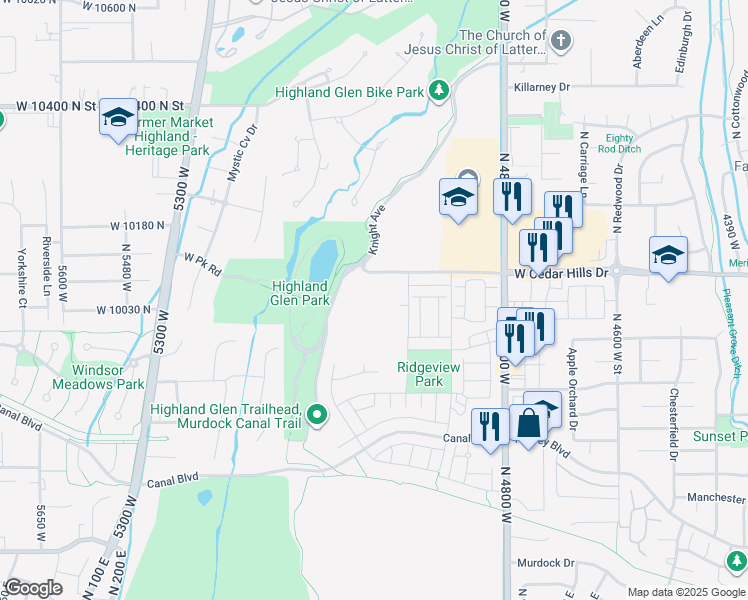 map of restaurants, bars, coffee shops, grocery stores, and more near 5042 West Green Ash Lane in Highland