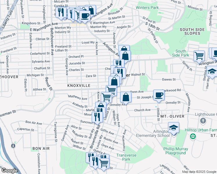 map of restaurants, bars, coffee shops, grocery stores, and more near 117 Bausman Street in Pittsburgh