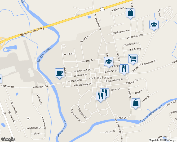 map of restaurants, bars, coffee shops, grocery stores, and more near 100 West Chestnut Street in Jonestown
