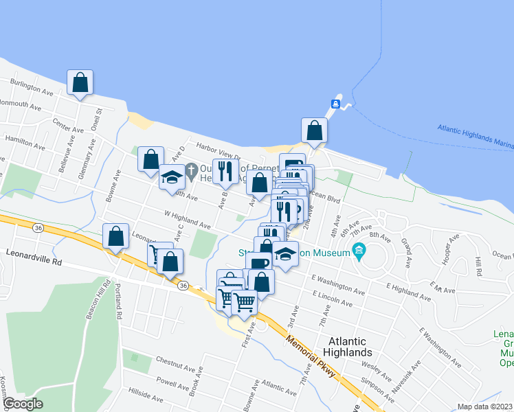 map of restaurants, bars, coffee shops, grocery stores, and more near 37 Center Avenue in Atlantic Highlands