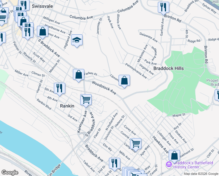map of restaurants, bars, coffee shops, grocery stores, and more near 2679 Woodstock Avenue in Pittsburgh