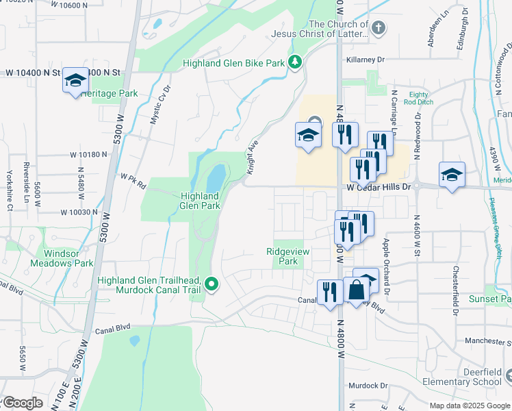 map of restaurants, bars, coffee shops, grocery stores, and more near 5034 West Green Ash Lane in Highland