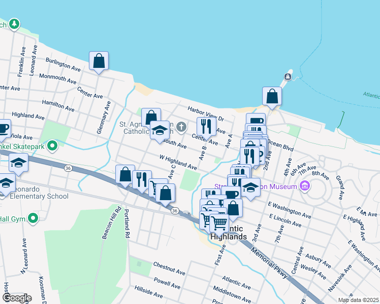 map of restaurants, bars, coffee shops, grocery stores, and more near 29 South Avenue in Atlantic Highlands