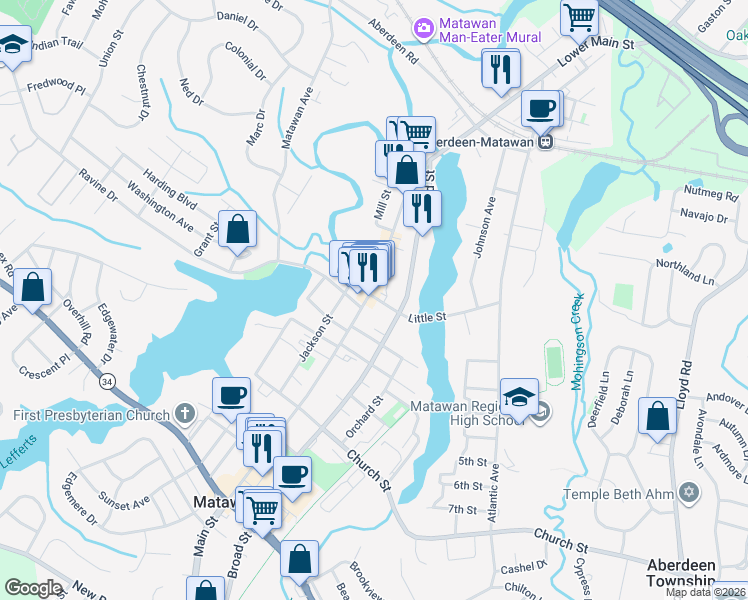 map of restaurants, bars, coffee shops, grocery stores, and more near in Matawan