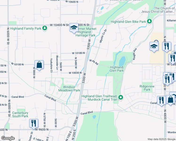 map of restaurants, bars, coffee shops, grocery stores, and more near 10039 North 5300 West in Highland