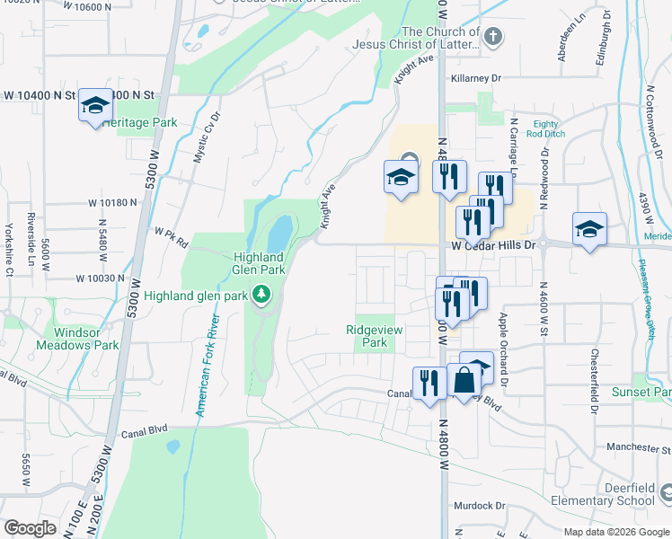map of restaurants, bars, coffee shops, grocery stores, and more near 5022 West Green Ash Lane in Highland