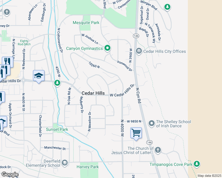 map of restaurants, bars, coffee shops, grocery stores, and more near 10040 North Sage Road East in Cedar Hills