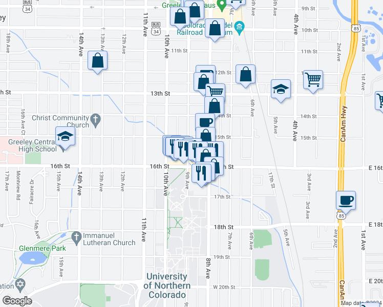 map of restaurants, bars, coffee shops, grocery stores, and more near 1528 9th Avenue in Greeley