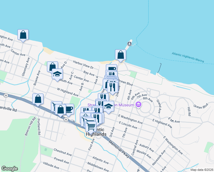 map of restaurants, bars, coffee shops, grocery stores, and more near 20 Center Avenue in Atlantic Highlands