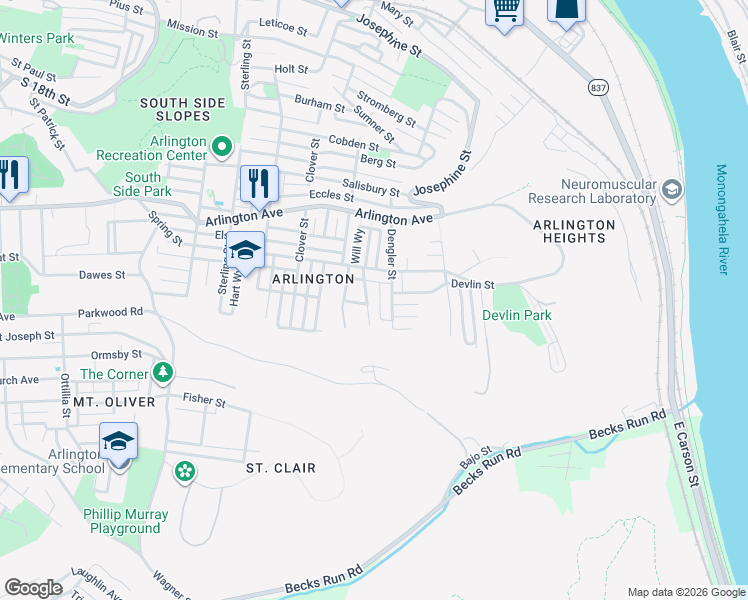 map of restaurants, bars, coffee shops, grocery stores, and more near 306 Dengler Street in Pittsburgh