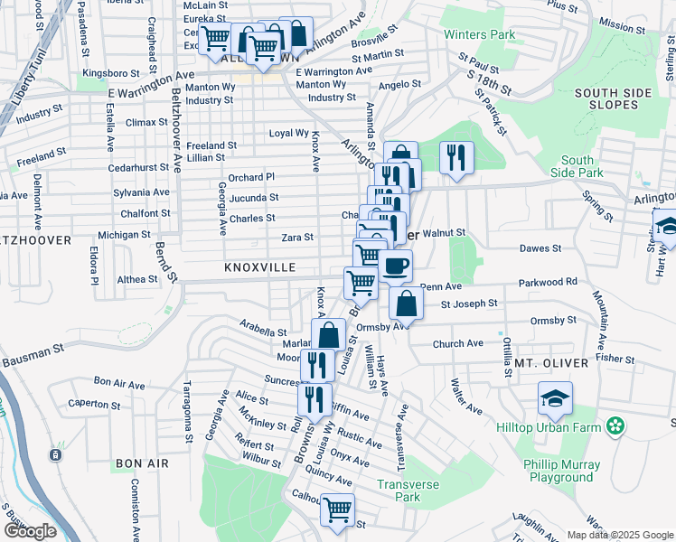 map of restaurants, bars, coffee shops, grocery stores, and more near 117 Bausman Street in Pittsburgh
