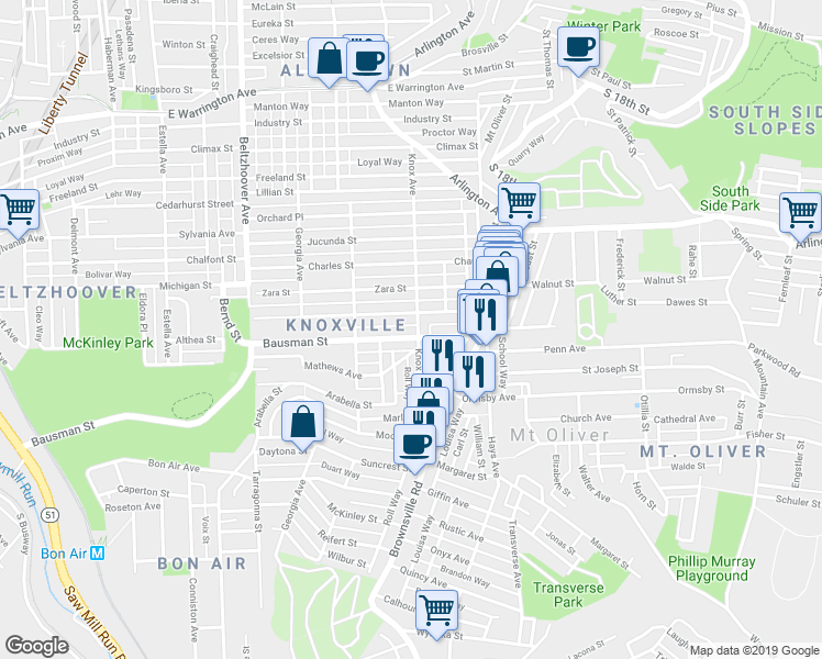 map of restaurants, bars, coffee shops, grocery stores, and more near 136 Knox Avenue in Pittsburgh