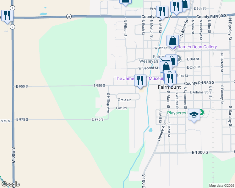 map of restaurants, bars, coffee shops, grocery stores, and more near 551 Circle Drive in Fairmount