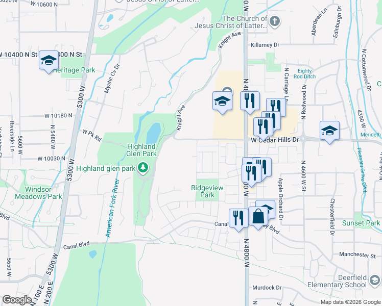 map of restaurants, bars, coffee shops, grocery stores, and more near 4998 West Green Ash Lane in Highland