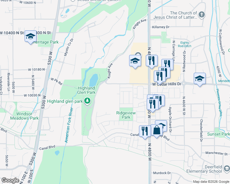 map of restaurants, bars, coffee shops, grocery stores, and more near 5006 West Green Ash Lane in Highland