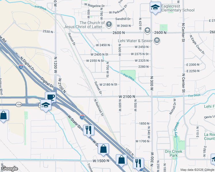 map of restaurants, bars, coffee shops, grocery stores, and more near 675 West 2180 North Street in Lehi